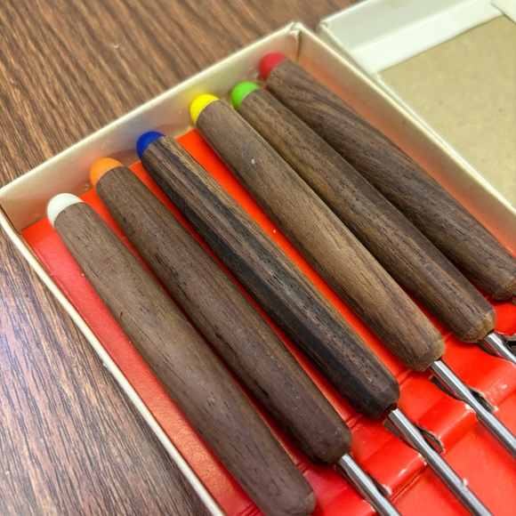 Vintage New Fondue Forks Set If 6 In Box Teak Handles Retro Kitchen Stainless - Picture 4 of 4